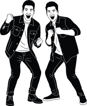 Celebratory Male Duo Vector &ndash; Bold Black-and-White Graphic of Cheering Figures in Stylized Outfits