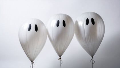 Three White Balloons Shaped Like Ghosts Floating In The Air Against A White Background