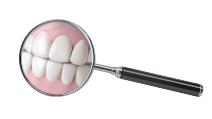 Magnifying glass inspecting white human teeth dental hygiene oral care checkup dentist examination healthy gums mouth health concept illustration clean design on white background
