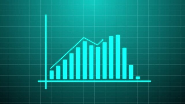 Abstract glowing neon blue bar chart graph on a digital grid background representing financial data and growth - Powered by Adobe