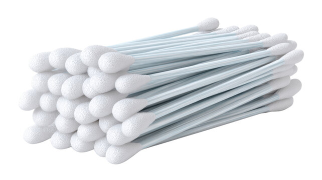 Pile of white cotton swabs soft cleaning tools medical hygiene equipment health care product plastic stick ear cleaning accessory sterile design on white