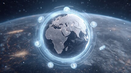 Digital representation of Earth viewed from space with financial icons, illustrating the concept of global economy and interconnected markets in a futuristic style