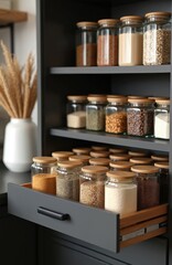 Fototapeta premium Modern kitchen cabinet organized spice, grain storage. Glass jars with bamboo lids contain diverse ingredients cereals, spices, seeds. Clean aesthetic highlights efficient pantry design appealing to