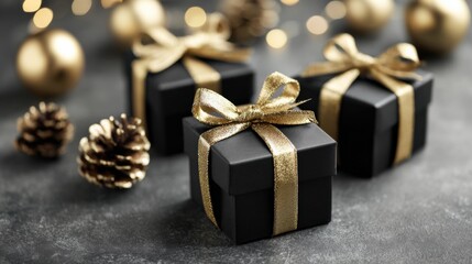 Elegant Black Gift Boxes with Gold Ribbons and Holiday Decorations, Ideal for Festive Celebrations