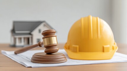 Gavel, construction helmet, house model, and blueprints on wooden table representing construction law and legal regulations in the building industry