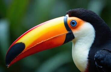 Fototapeta premium Close up side profile of a toco toucan with colorful large beak. Tropical bird looks at camera. Avian species displays vibrant plumage with black and white feathers against green background.