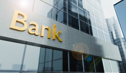 Golden &ldquo;Bank&rdquo; sign on a modern glass building. Clean corporate finance concept for retail banking, wealth management, regulation, and institutional branding.
