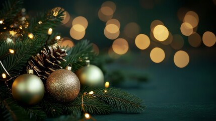 Festive arrangement of golden Christmas ornaments and pinecones on lush evergreen branches, illuminated by soft bokeh lights, creating a warm holiday atmosphere