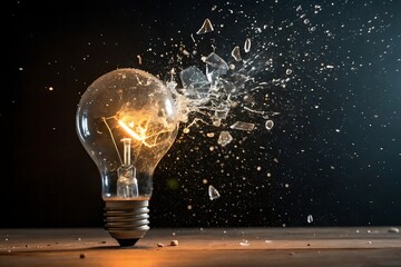 Exploding light bulb with shattered glass over a dark background