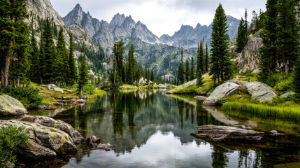 Serene mountain lake surrounded by lush trees and towering peaks
