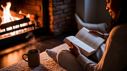 Cozy evening by the fireplace with a book and coffee.