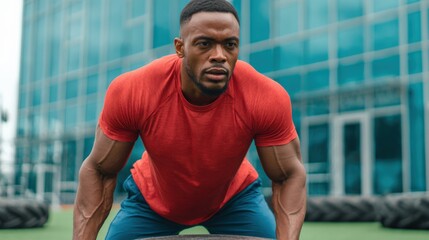 Determined African American Man Engaged in Intense Tire Workout, Demonstrating Strength and Fitness Outdoors