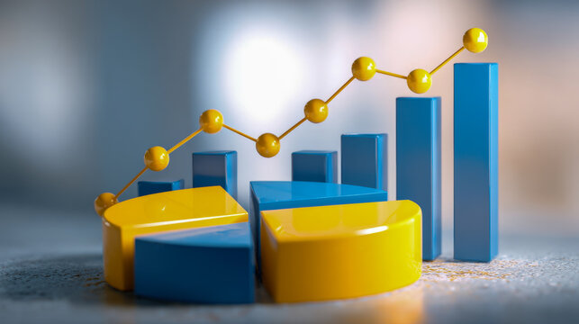 3d illustration of a colorful segmented pie chart combined with a rising yellow line graph and blue bar chart showcasing data analysis and financial growth trends