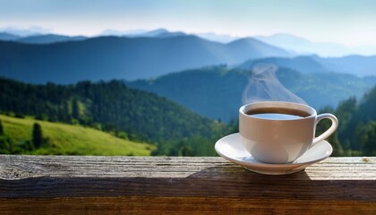 Hot Cup Of Tea Or Coffee On The Wooden Railing On The Background Of The Mountains
