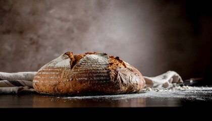 Rustic still life of freshly baked sourdough bread on a dark background with warm moody lighting, highlighting texture and artisan craftsmanship.