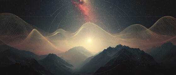 Starry Mountain Landscape with Glowing Data Waves and Rising Sun. AI generative