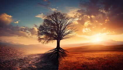 Half Living Half Dead Tree At Sunset Dramatic Landscape