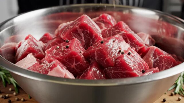 Fresh Raw Beef Chunks in Metal Bowl Surrounded by Herbs and Spices