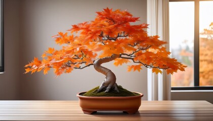 A Striking Orange Maple Bonsai Tree With Vivid Autumn Leaves Sits In A Stylish Pot Enhancing The Ambiance Of A Serene Indoor Space During Fall