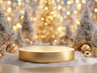 gold podium christmas design. Golden circular platform amidst festive decorations and soft blurred lights.