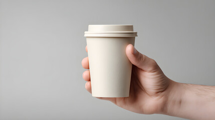Hand holding a plain disposable coffee cup against a neutral background with soft lighting