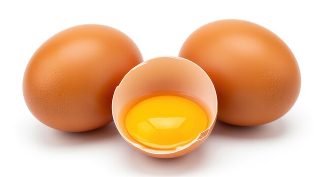 Three whole fresh brown chicken eggs, one with the shell cracked open to reveal the bright yellow yolk inside.