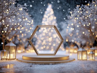 gold podium christmas design. Winter scene with a decorative hexagon frame and glowing lights.
