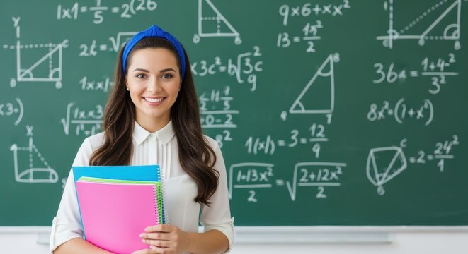 A young woman with long dark hair and blue headband holds colorful notebooks while standing in front of a green chalkboard filled with mathematical equations and diagrams. Perfect for education. - Powered by Adobe