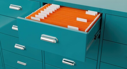 A turquoise filing cabinet with open drawers revealing bright orange file folders. The cabinet has a simple, minimalist design with chrome hardware.
