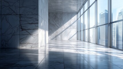 Minimalist empty marble interior modern skyscraper cityscape, bright sunlight and shadow play
