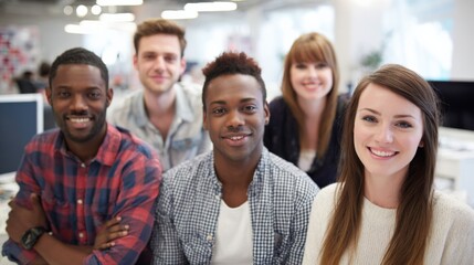 Fototapeta premium Diverse and Smiling Team Posing Together in a Modern Workplace Environment for Collaboration and Success