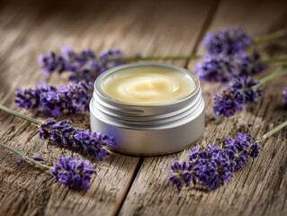 Natural lavender body cream in a silver container surrounded by dried lavender flowers on rustic wooden surface for skincare and relaxation concepts