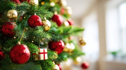 Festive Christmas Tree Decorated with Red and Gold Ornaments, Gift Box, and Green Branches in a Home
