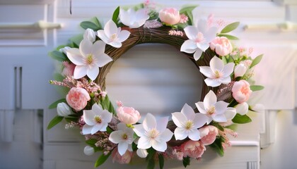 Beautiful White Floral Wreath With Blush Pink Accents Perfect For Spring Celebrations In A Serene Setting