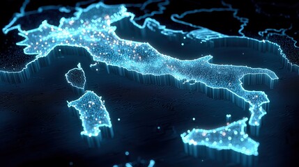 Carte de l'italie numérique illuminée avec des points lumineux bleus