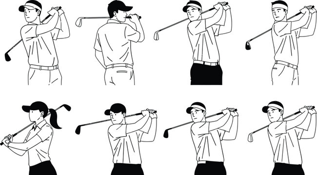Golf swing sequence showing backswing, downswing, and follow-through for male and female players.