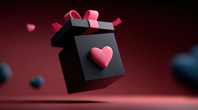 Boîte cadeau noire avec cœur rose et ruban rouge sur fond coloré