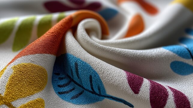 Tissu blanc orn&eacute; de motifs color&eacute;s avec plis &eacute;l&eacute;gants et texture soyeuse
