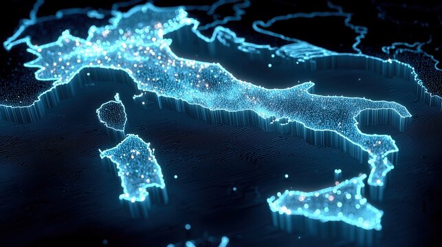Carte de l'italie numérique illuminée avec des points lumineux bleus - Powered by Adobe