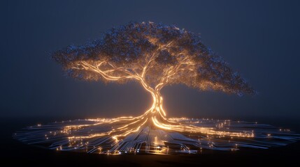 Mystical AI Artificial Intelligence glowing tree with illuminated roots at night, a mesmerizing view.