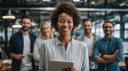 Confident African American Businesswoman Leading Diverse Team in Modern Office Environment, Symbolizing Collaboration and Success