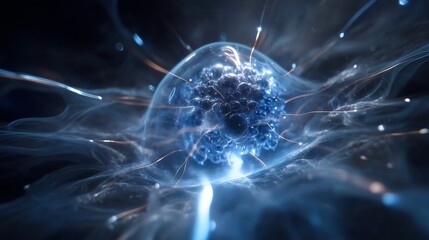 Intricate illustration of glowing cells with particles and a nucleus
