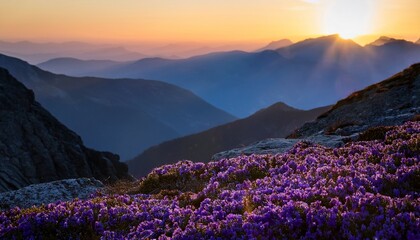 Violet Blooms At Dusk A Mountain Vista With Textured Peaks And Soft Lighting
