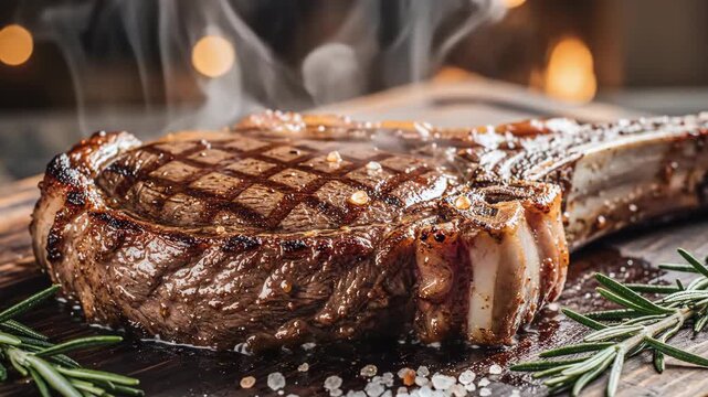 Grilled Tomahawk Steak with Aromatic Herbs and Smoky Background