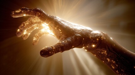 AI Artificial Intelligence robot hand with radiant energy outstretched with glowing particles and beams of light 