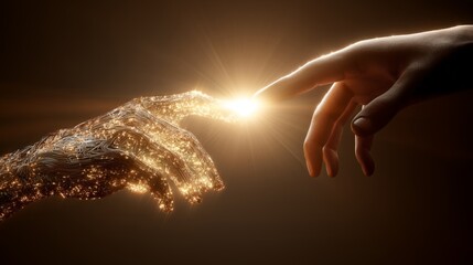 The creation of AI Artificial Intelligence, touching hands and radiant light concept illustration