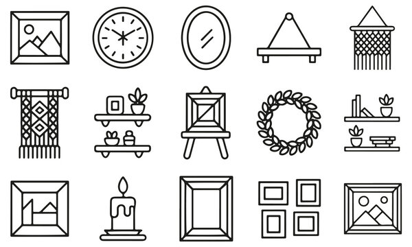Set of home decor icons including frames clocks and wall hangings isolated on transparent background
