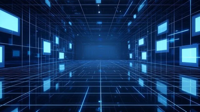 Futuristic digital data corridor with glowing blue grid lines