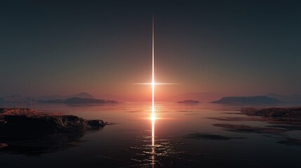 Dramatic landscape with a bright light column in the middle of lake mirroring the glowing sunset sky with distant islands