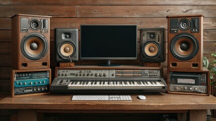 Fototapeta premium Retro Music Studio Setup with Vintage Speakers, Synthesizer, Monitor, and Wooden Desk Perfect for Creating and Mixing Sound in a Cozy Atmosphere